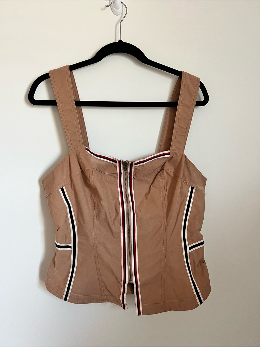 Maeve Tan Zip-Front Camisole with Striped Trim